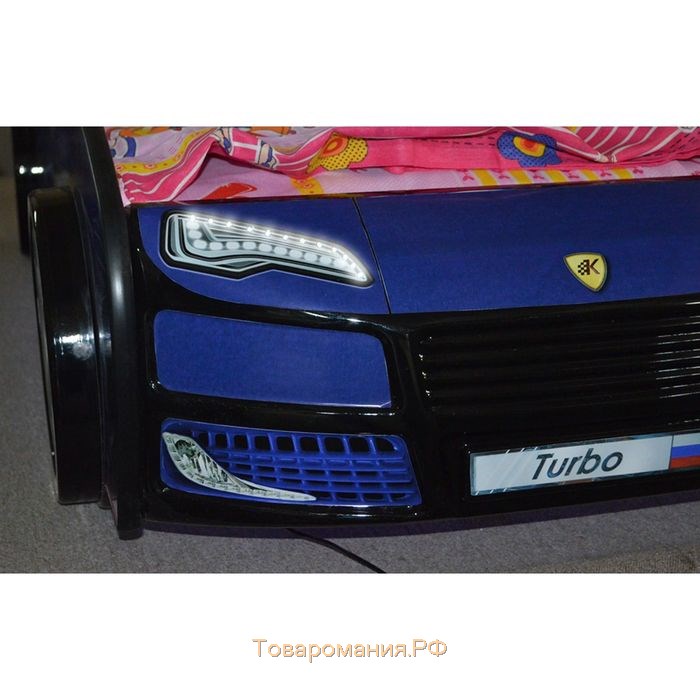 Кровать машина «Турбо», цвет синий, подсветка дна и фар