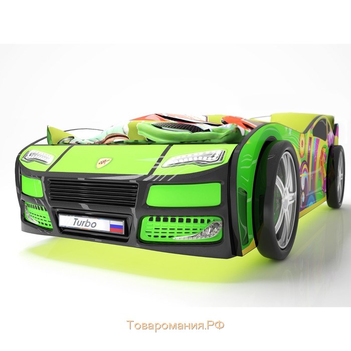 Кровать машина «Турбо зелёная», подсветка дна и фар, пластиковые колёса, 2 шт