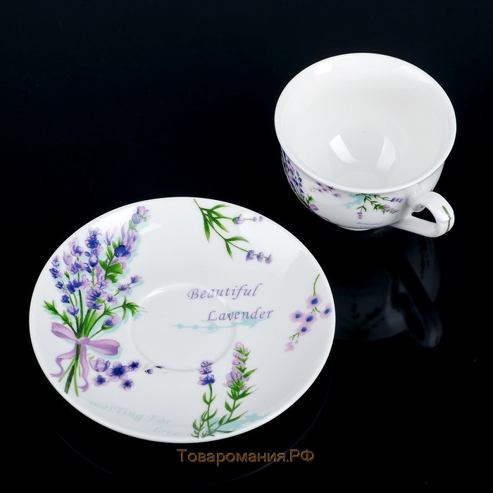 Кофейная пара фарфоровая «Лаванда», 2 предмета: чашка 80 мл, блюдце d=11,4 см, цвет белый