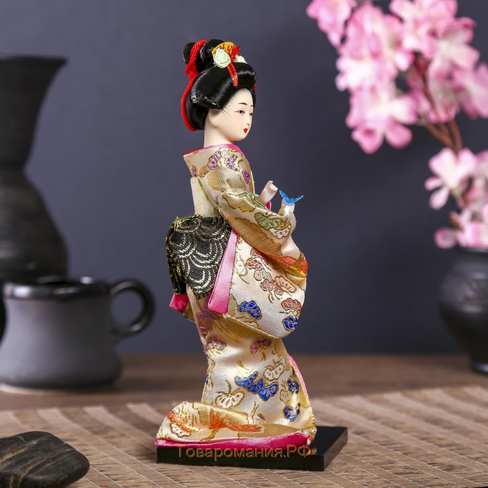 Кукла коллекционная "Японка в цветочном кимоно с бабочкой на руке" 25х9,5х9,5 см