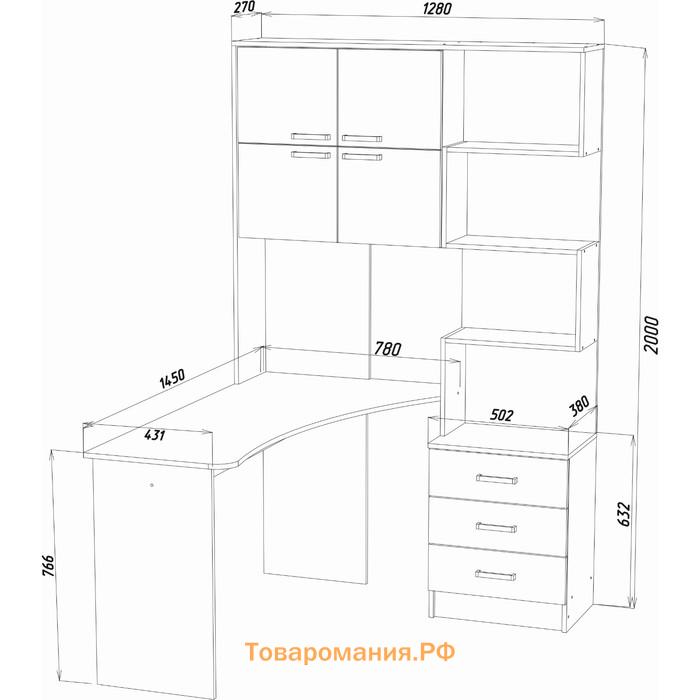 Стол компьютерный №1 Левый, 1280х2000х1450, Венге/Белфорт