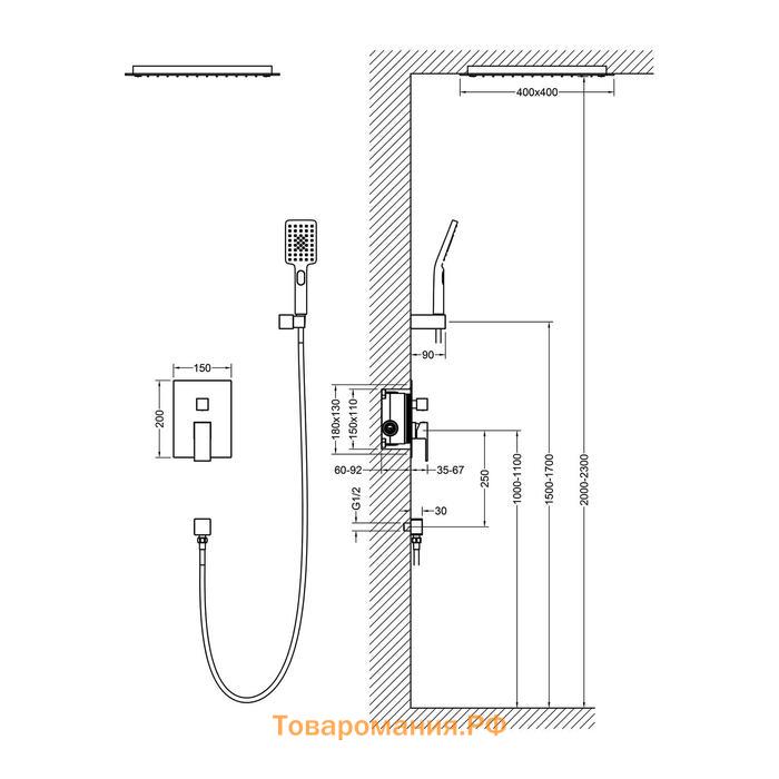Душевая система Timo Selene SX-2029/00SM, встроенная, тропический душ, ручная лейка, хром