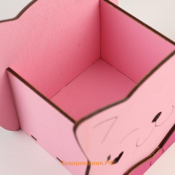 Кашпо деревянное для цветов и подарков "Котик" с аппликацией, розовое, 19х12х16 см