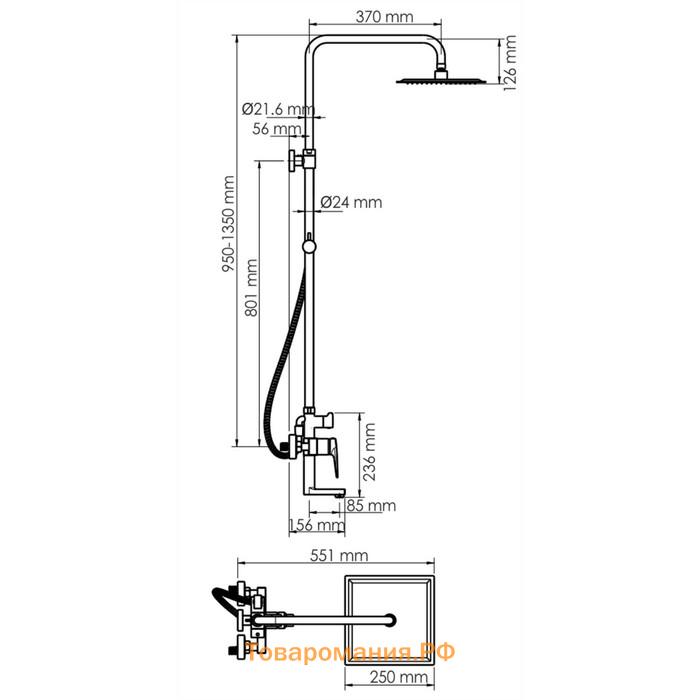 Душевая система WasserKraft A16701, смеситель, лейка, стойка, верхний душ, черный