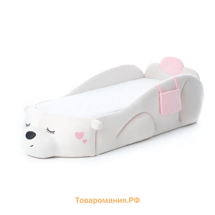 Кровать Romack «Мишка» Masha с кармашками, белый велюр, ящик, матрас в комплекте