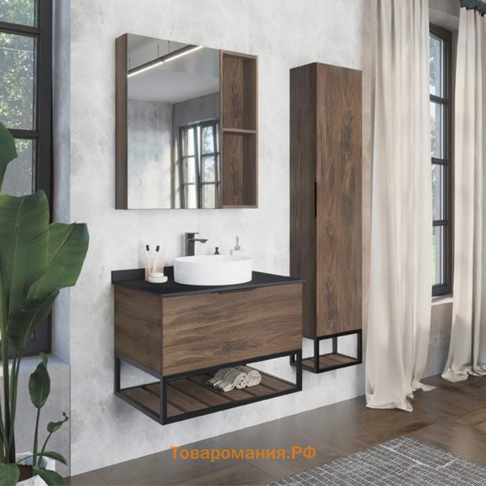 Зеркало шкаф Comforty Порто 75 для ванной комнаты, цвет дуб темно-коричневый