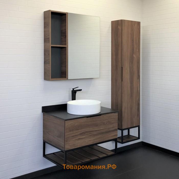 Зеркало шкаф Comforty Порто 75 для ванной комнаты, цвет дуб темно-коричневый