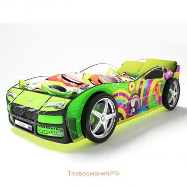 Кровать машина «Турбо зелёная», подсветка дна и фар, пластиковые колёса, 2 шт