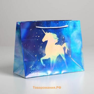 Пакет подарочный голографический, упаковка, Unicorn, 23 х 18 х 10 см