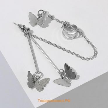 Серьга «Кафф» бабочка, цвет серебро